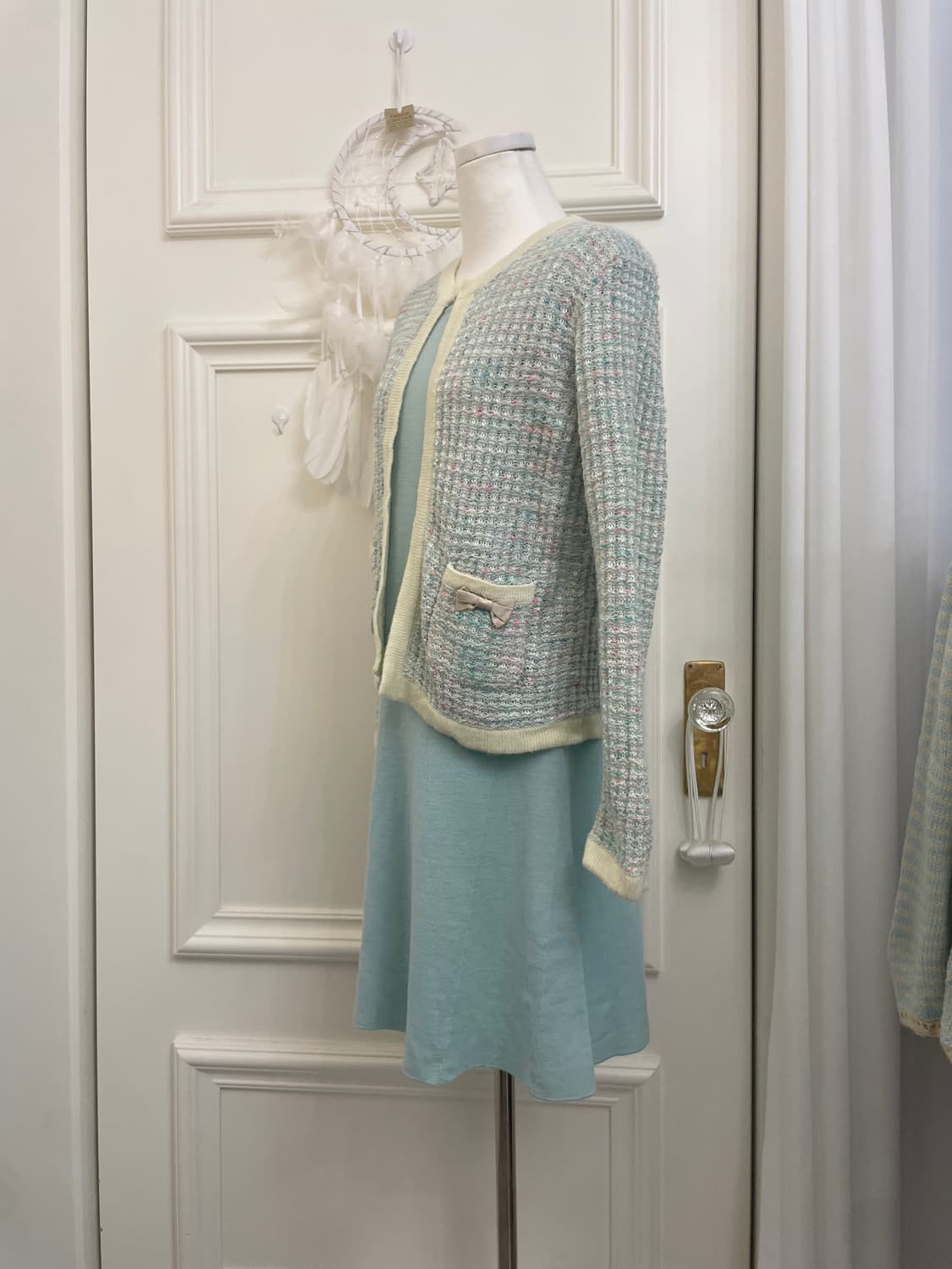 mint tweed bow point lovely cardigan 상품이미지3