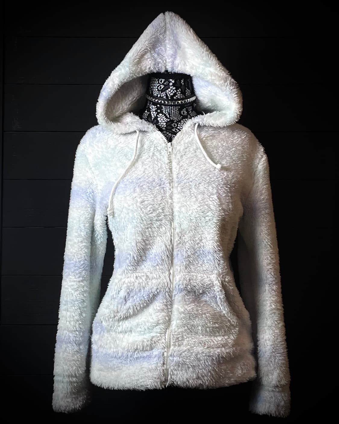 JPN 블루 민트 스트라이프 패턴 줄무늬 화이트 퍼 후드집업 상품이미지1