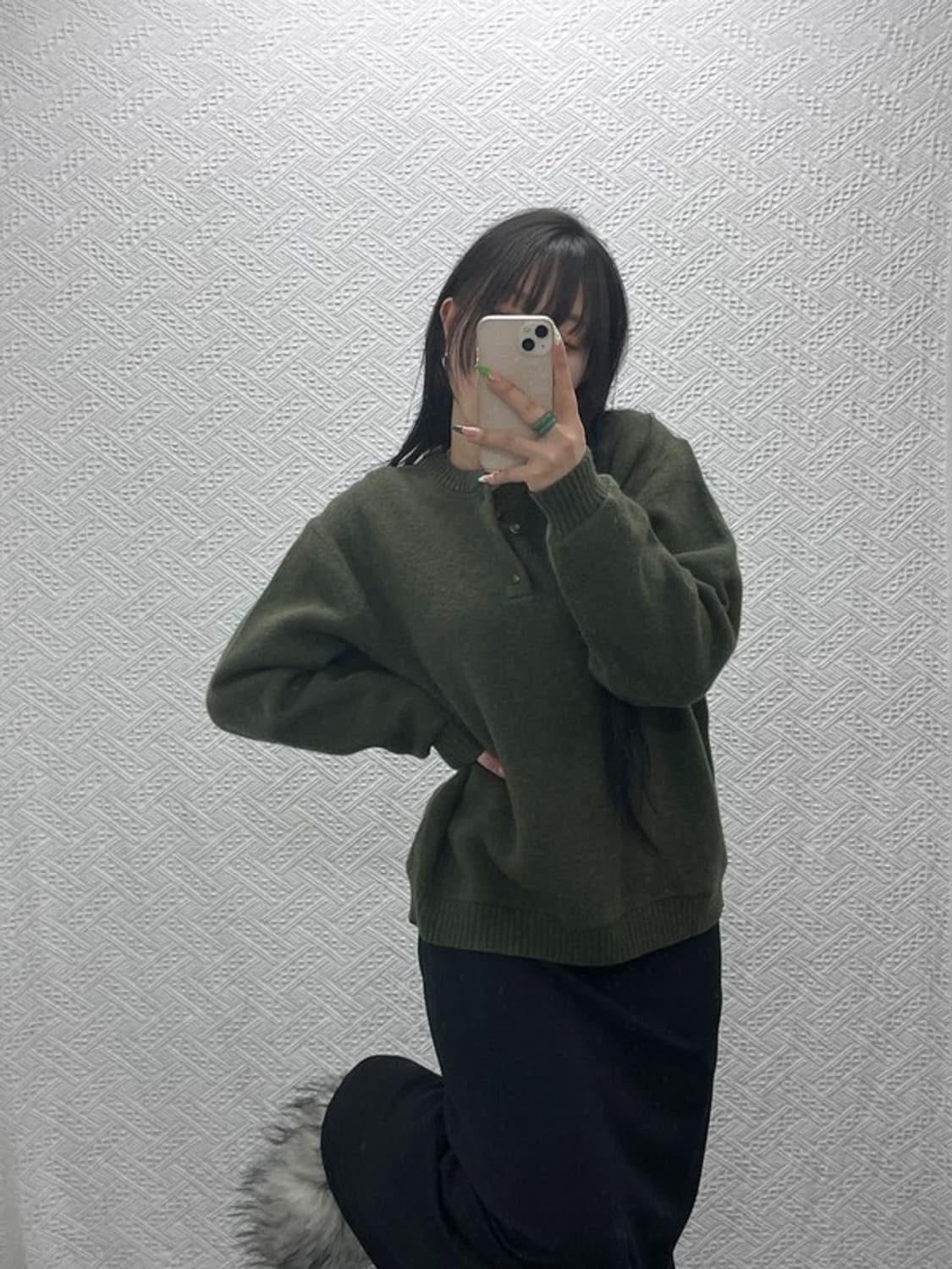 엘엘빈 캐주얼 말차 카키 반버튼 램스울 니트 M C08931 상품이미지1