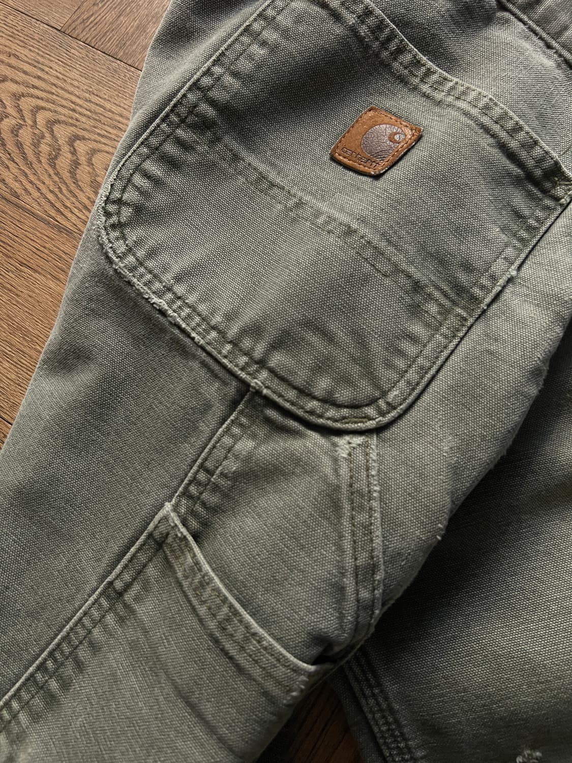 [36]칼하트 USA 체크라이닝 모스그린 데미지드 싱글니 워크팬츠 M12 상품이미지8