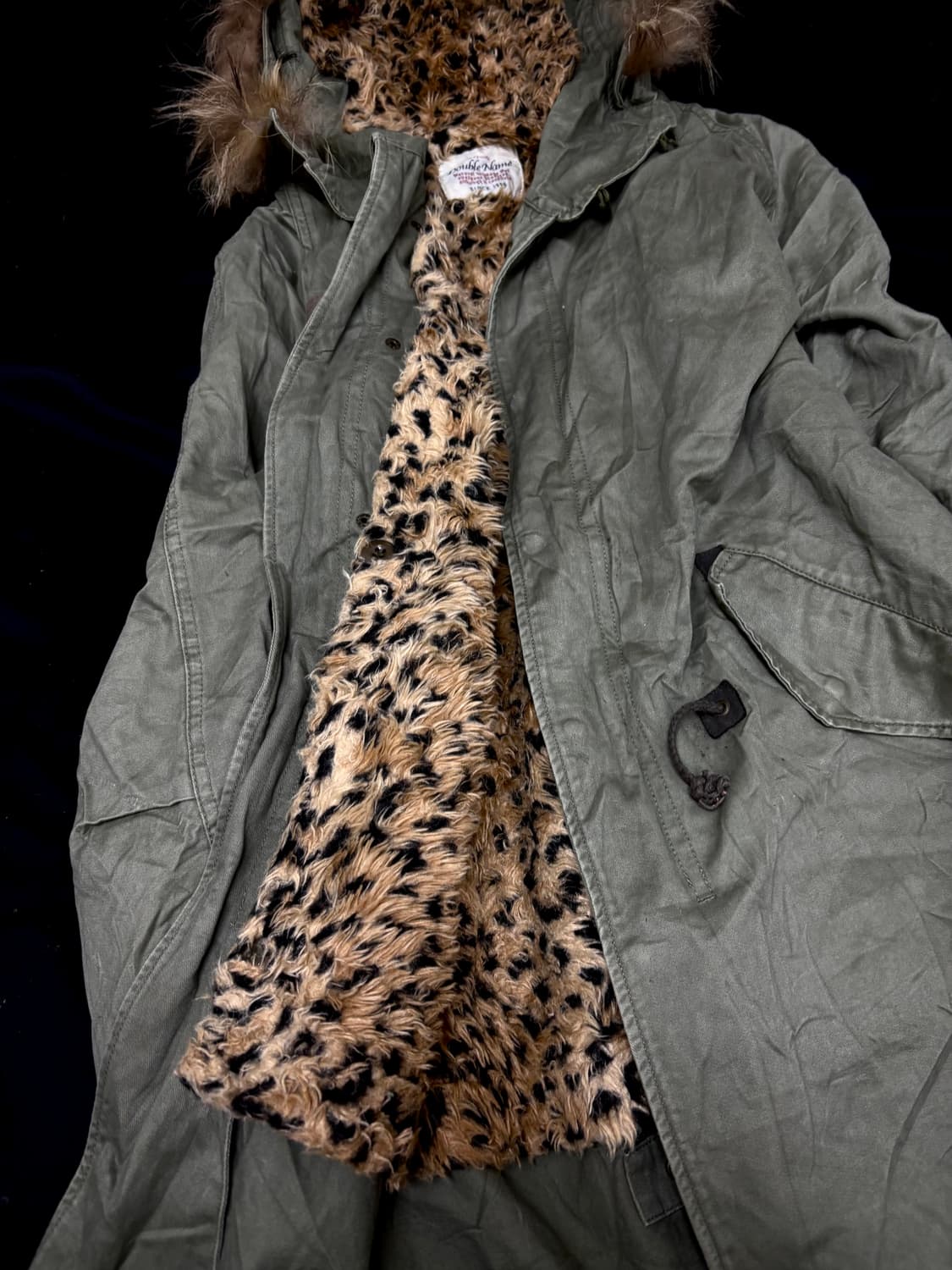 Leopard Detail Khaki Fur Hoodie Field Ja 상품이미지2