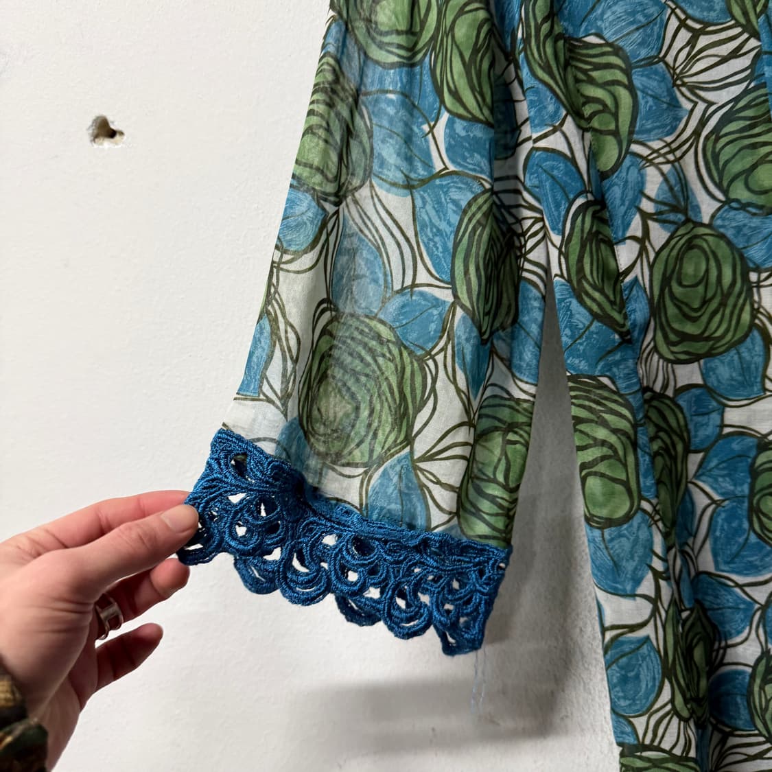 VTG 빈티지 핀턱 레이스 블루 플로럴 시스루 셔츠 블라우스 상품이미지4