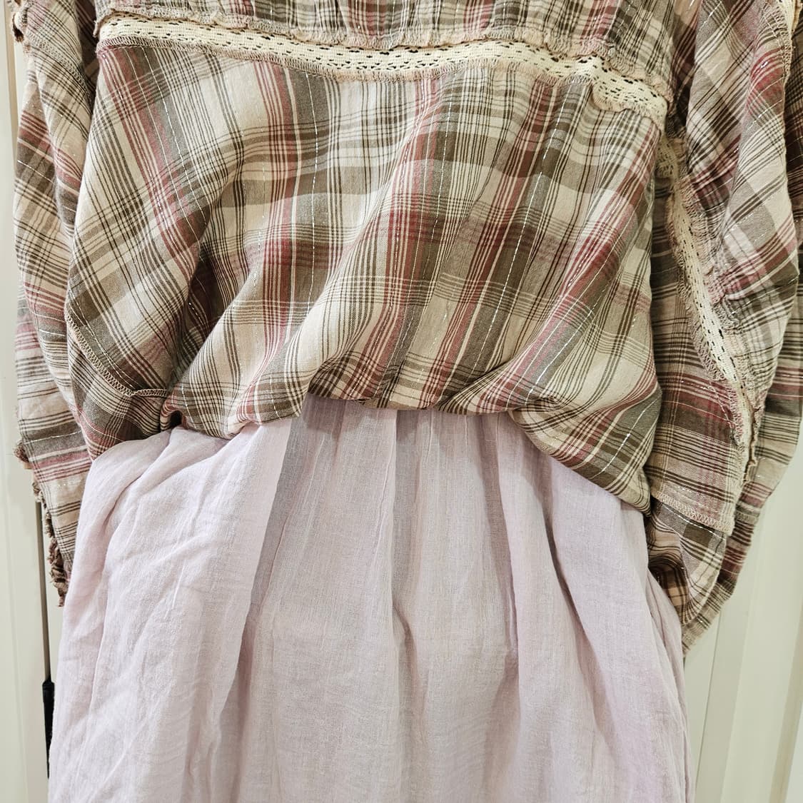 엑시즈팜 체크 레이스 슬리브리스 롱원피스 상품이미지7