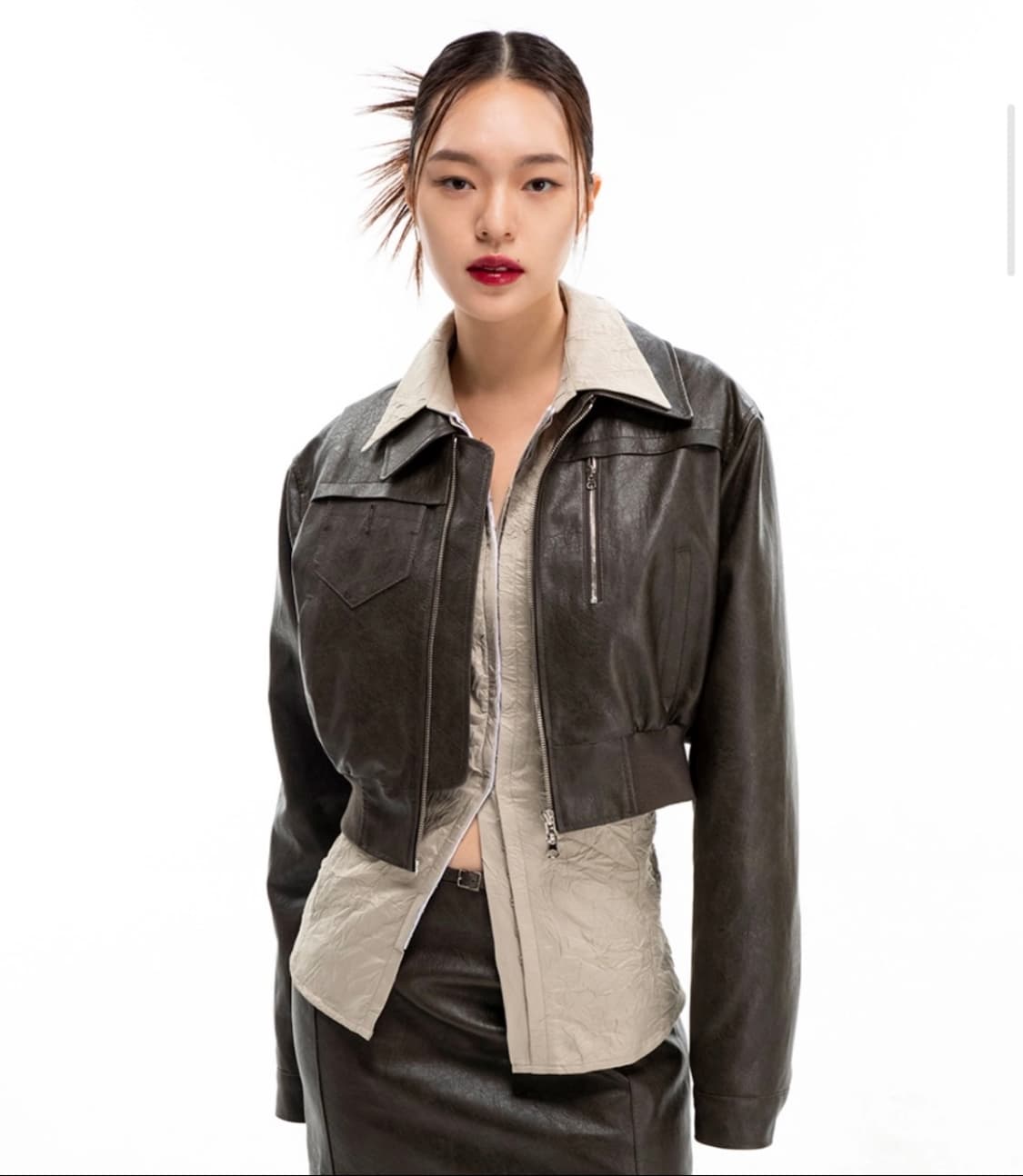 카프리슈 크롭 레더 자켓 (카키브라운컬러) 상품이미지1