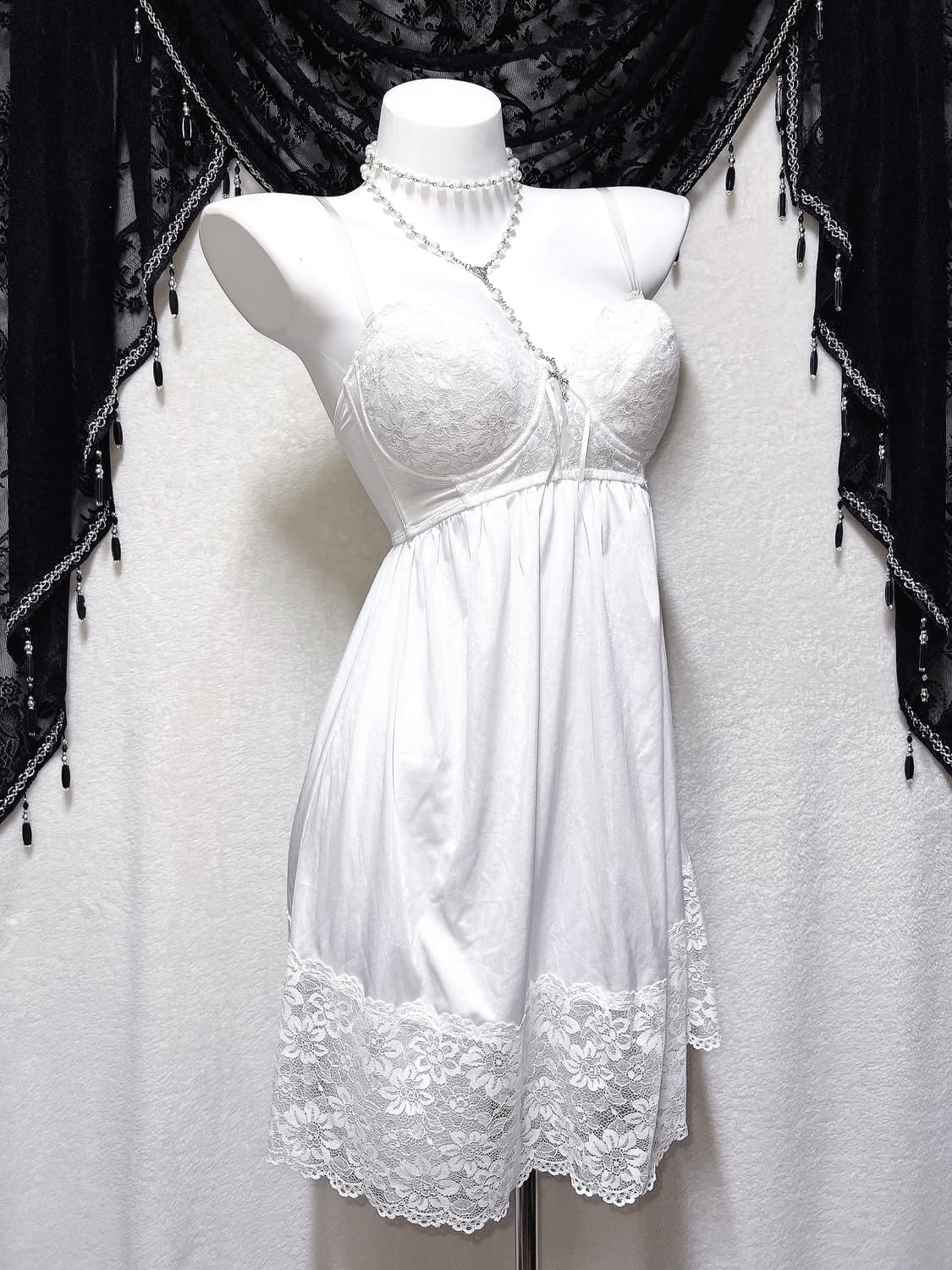 퓨어 화이트 레이스 새틴 슬립 탑원피스 란제리 코르셋 갸루 엔젤릭 페어리 상품이미지1