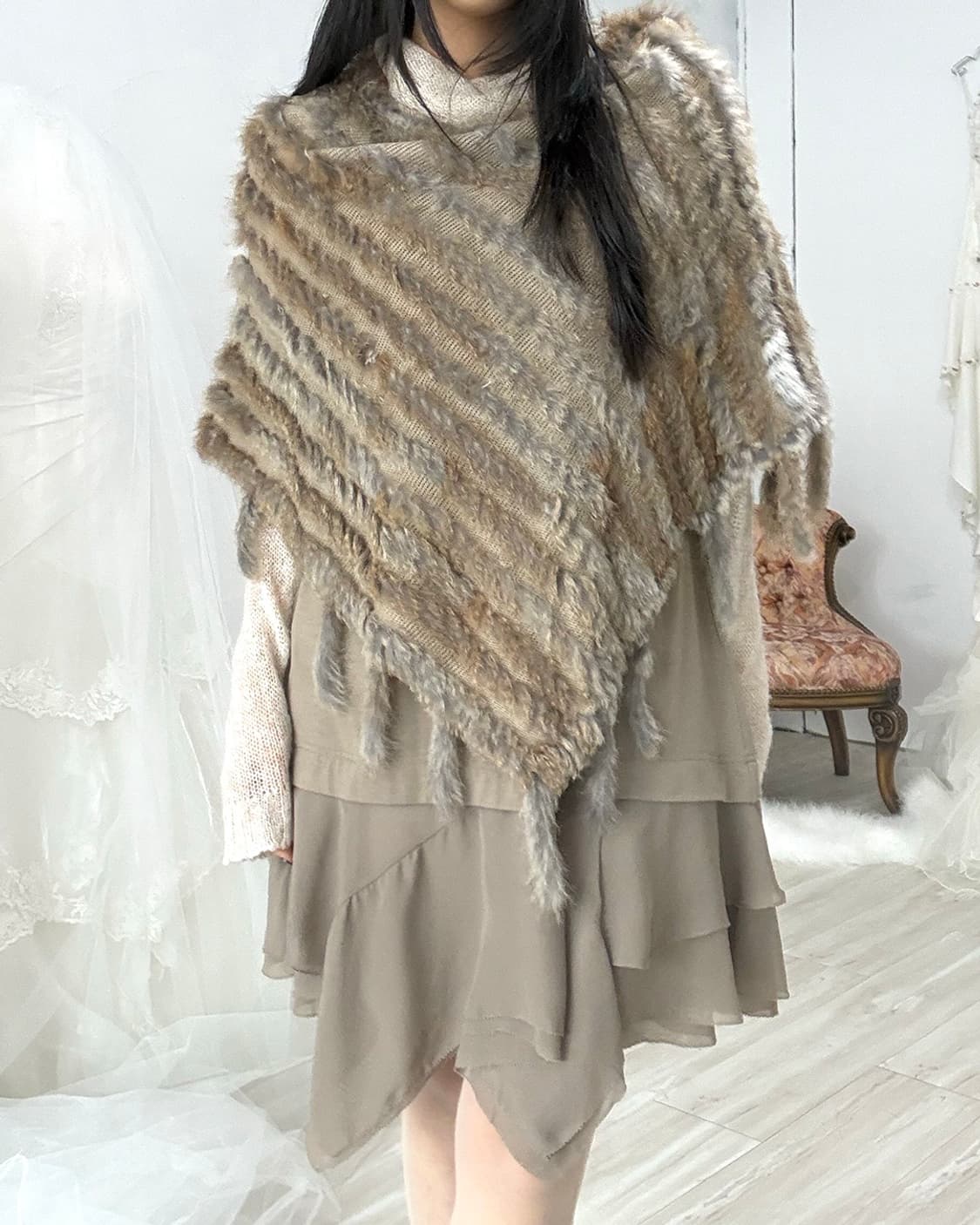 Mix brown rabbit fur cape 상품이미지4