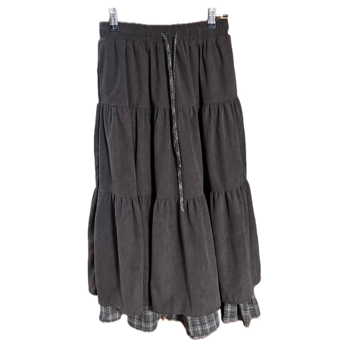 체크 레이어드 코듀로이 롱 스커트 브라운 상품이미지1