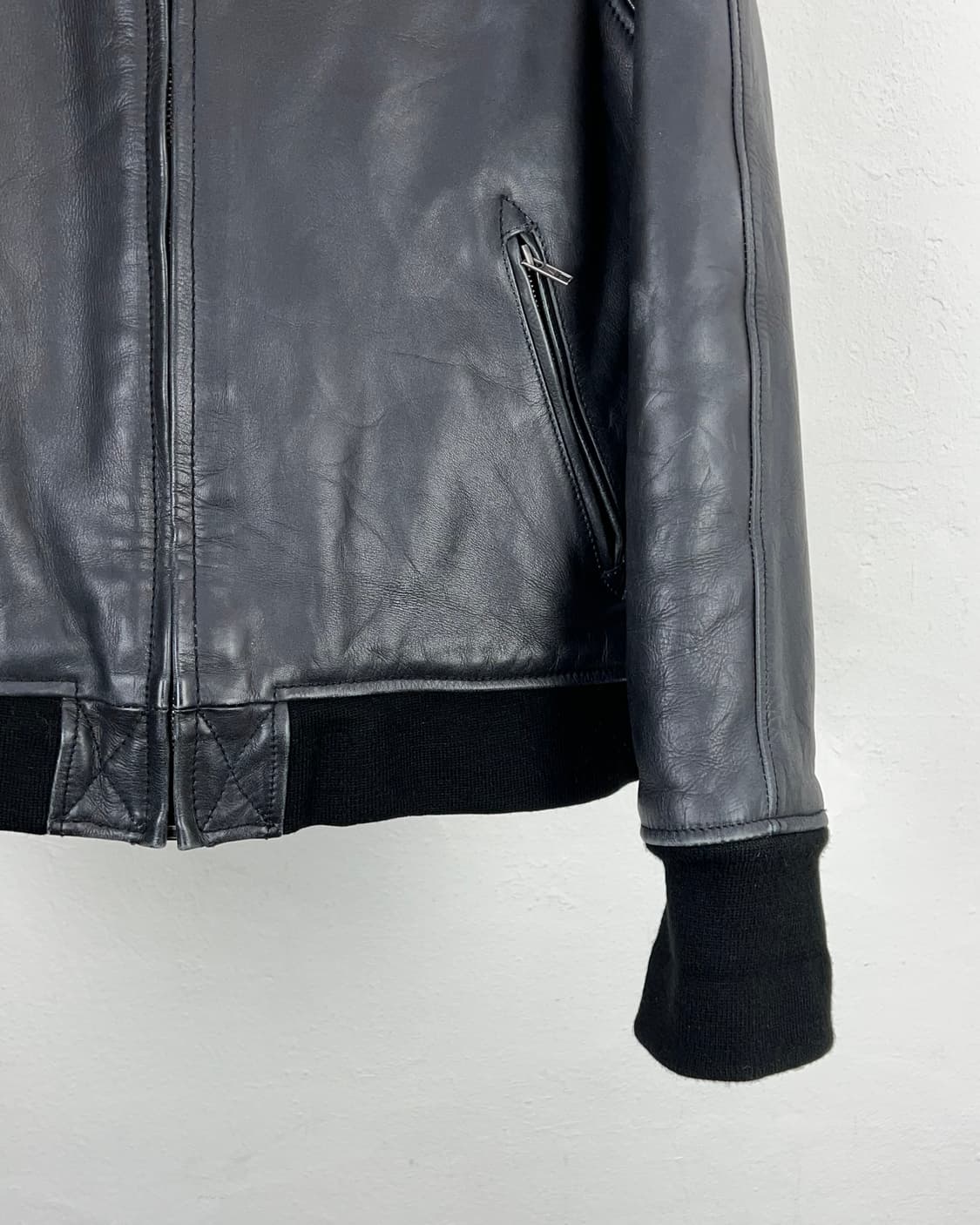 링고레더 블랙 기믹 지퍼 리얼 레더 바시티 자켓 상품이미지5