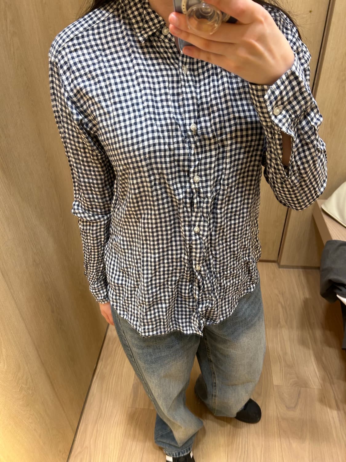 유니클로 깅엄 체크 블라우스 셔츠 네이비 모리걸 레이어드 빈티지 일본 상품이미지1