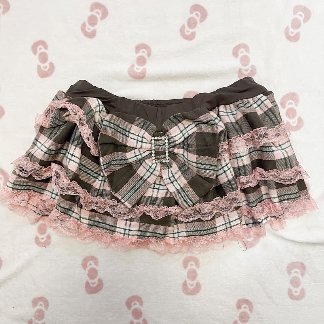 갸루 딸기 초코 리본 큐빅 레이스 체크 스커트 상품이미지1