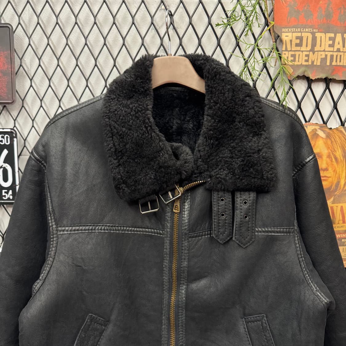 90s USA VINTAGE B-3 타입 항공 레더 스웨이드 무스탕 블랙 상품이미지3