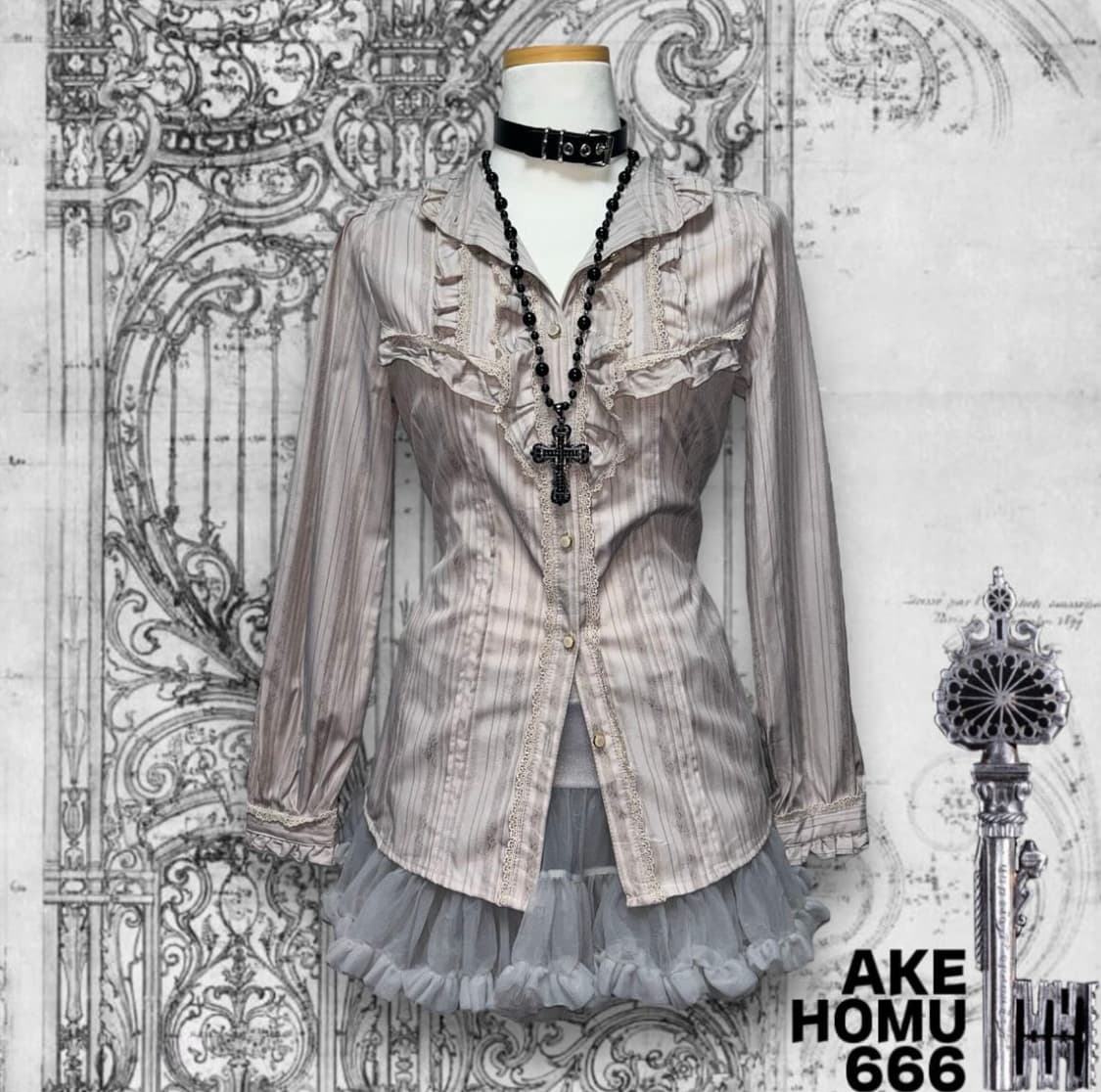 아케호무 엑시즈팜 빈티지 핑크 프릴 셔츠 상품이미지1