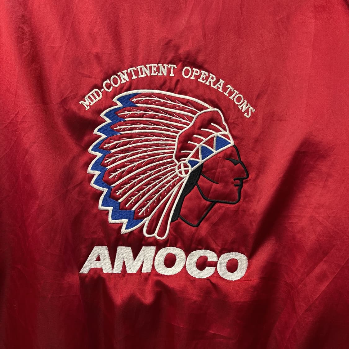 90s VINTAGE 아모코 네이티브 인디언 사틴 바시티자켓 N935 상품이미지7