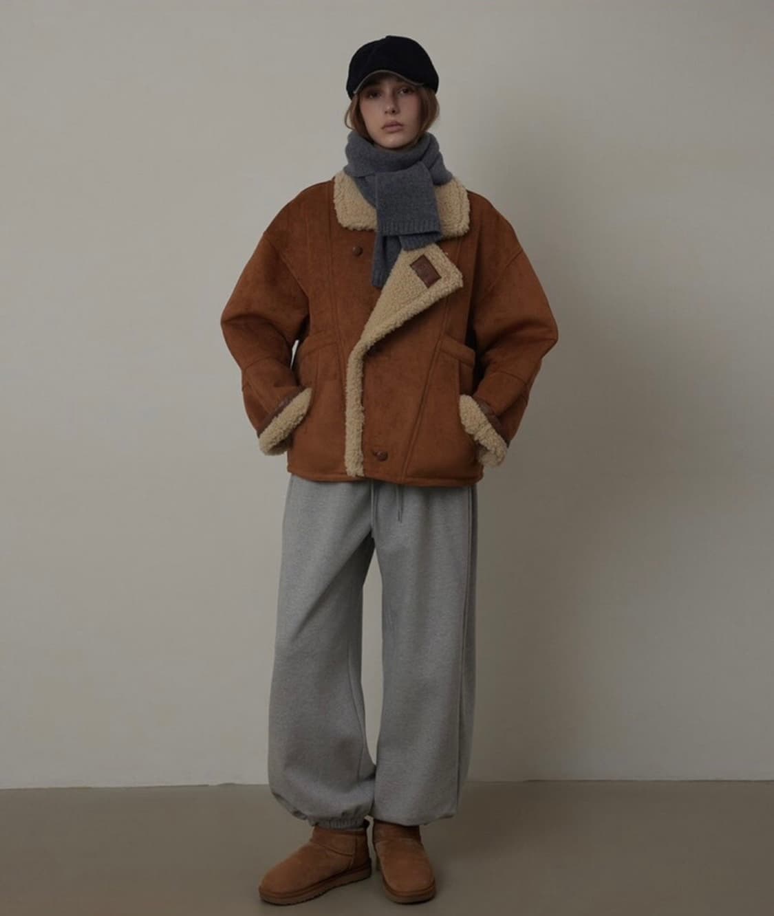 퀸스래빗 셔링하프코트 무스탕 카키브라운 상품이미지2