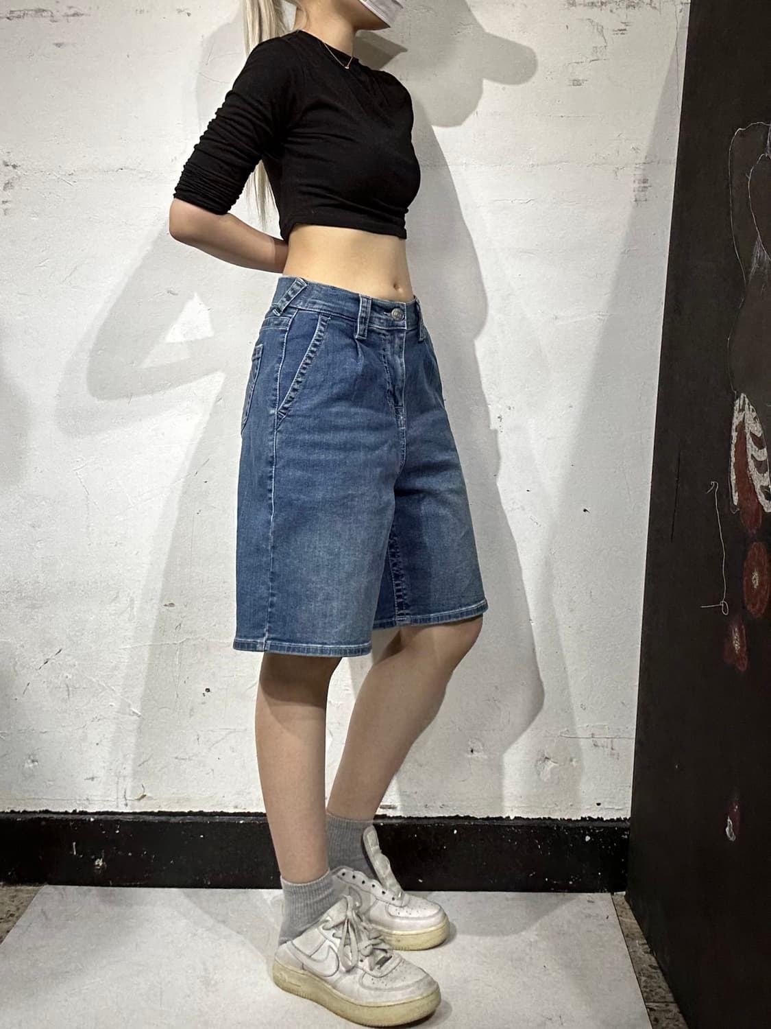트루 릴리전 중청 자수 와이드 데님 하프 팬츠 버뮤다 반바지  상품이미지1