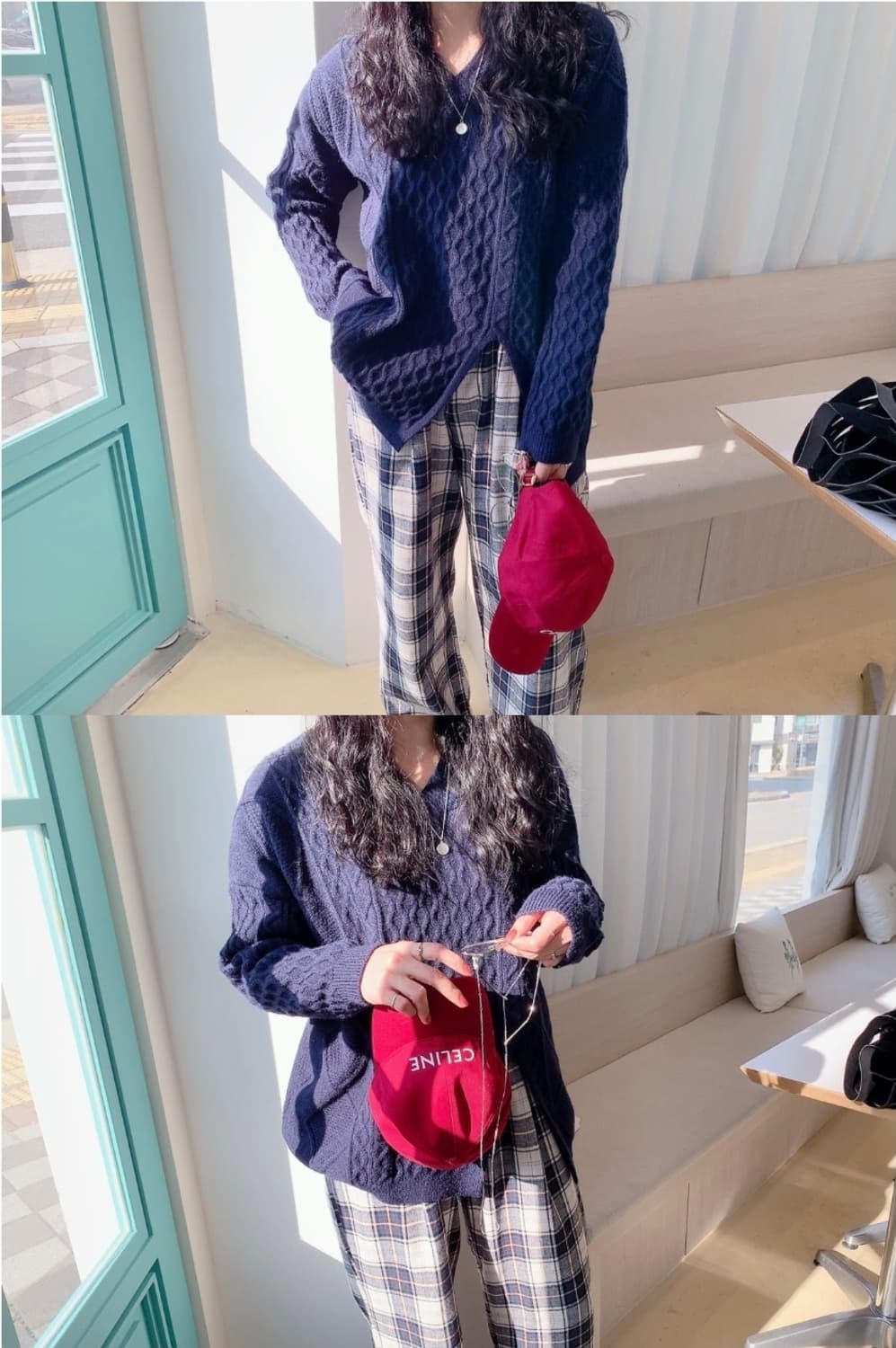 빈티지 브이넥 루즈핏 옆트임 꽈배기 롱니트 상품이미지8