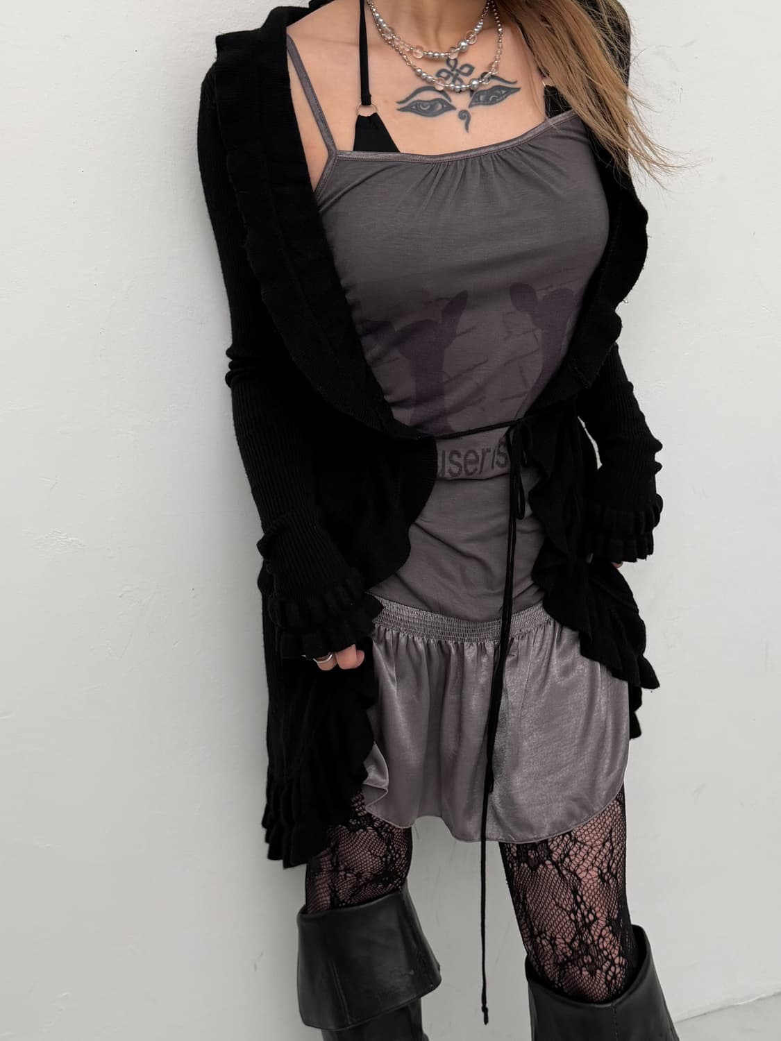 블랙 프릴 롱가디건  상품이미지1