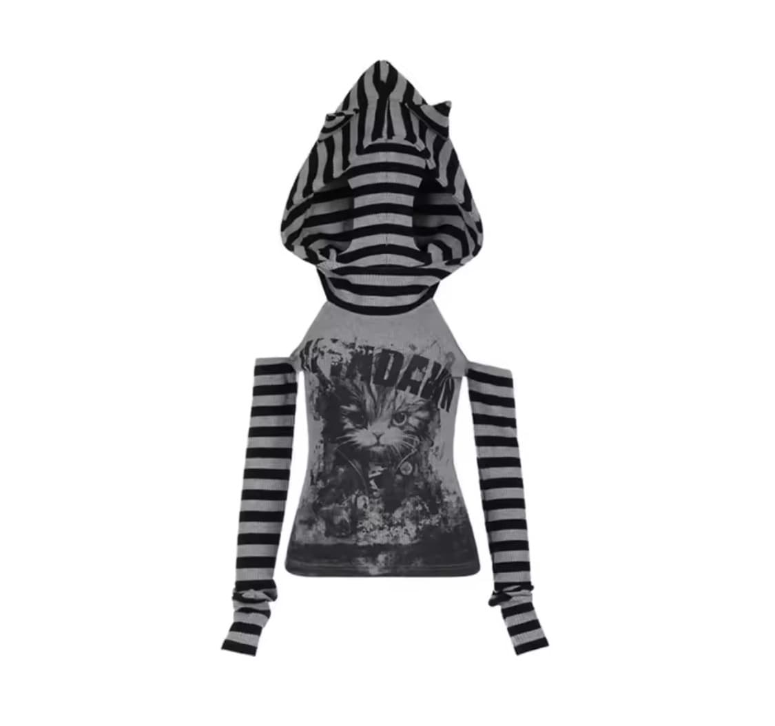 고양이 록캣 크루넥 트임 탑 오네걀 갸루 고딕 후드 상품이미지2