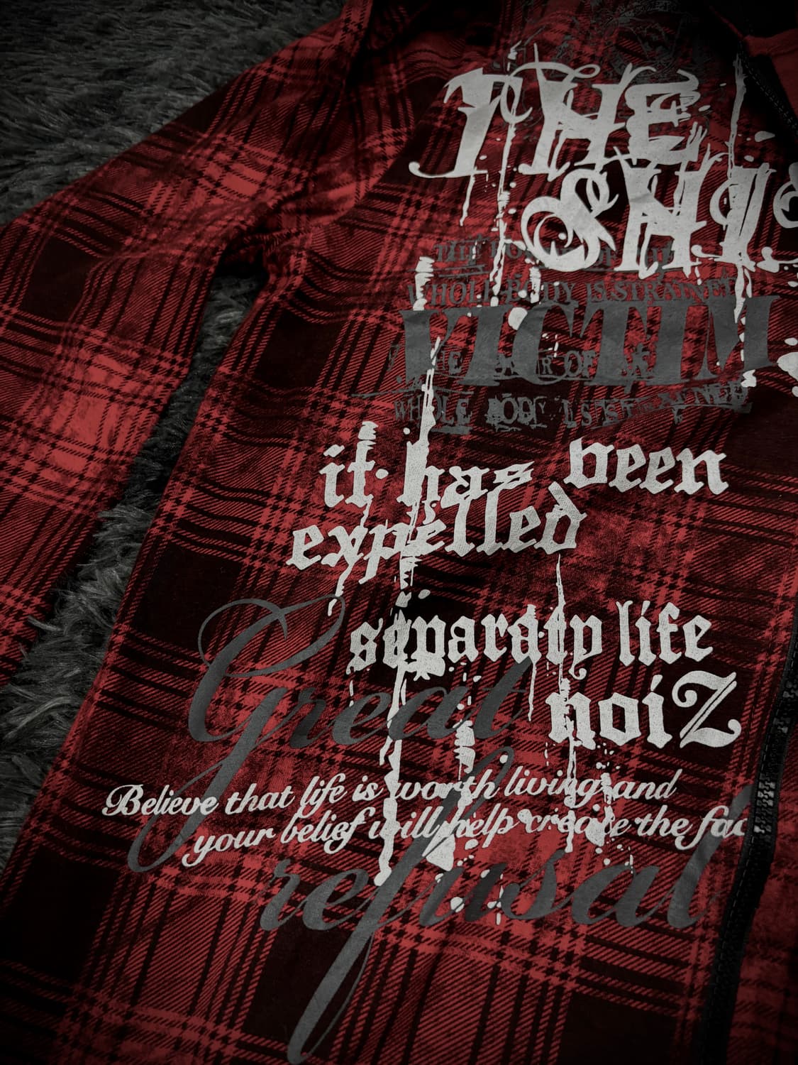 고딕 펑크 레터링 레드 체크 후드집업 상품이미지4