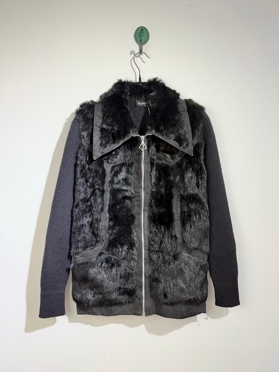 70s 이태리 메이드 퍼&레더 믹스드 니트 집업 상품이미지1