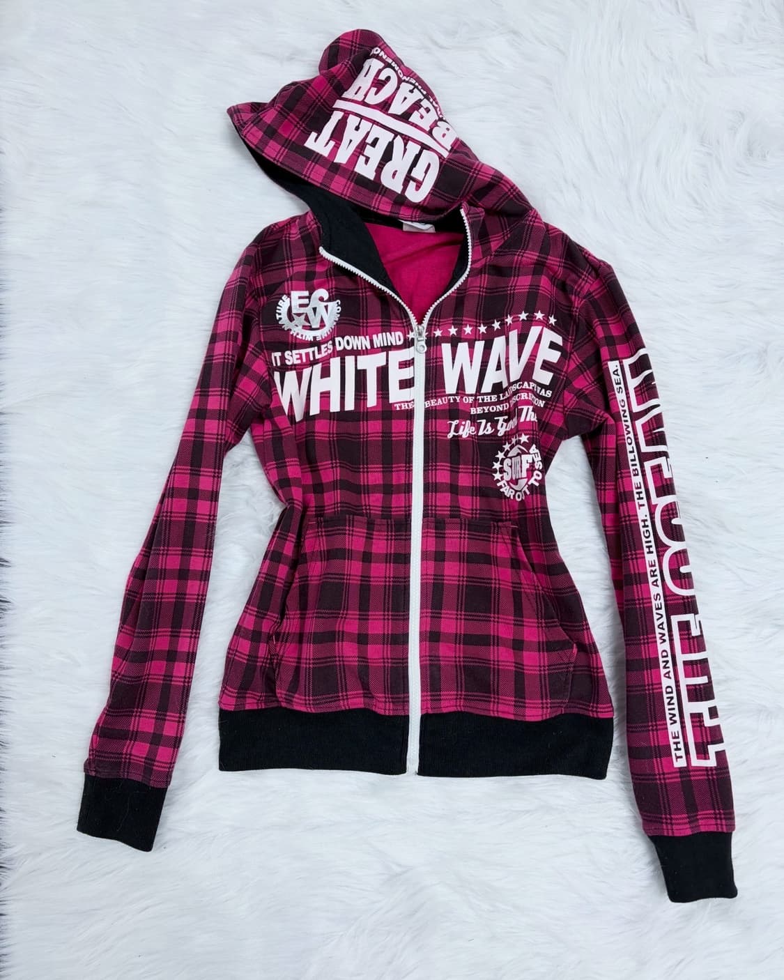 00s 갸루펑크 핫핑크 체크 레터링 후드집업 상품이미지5