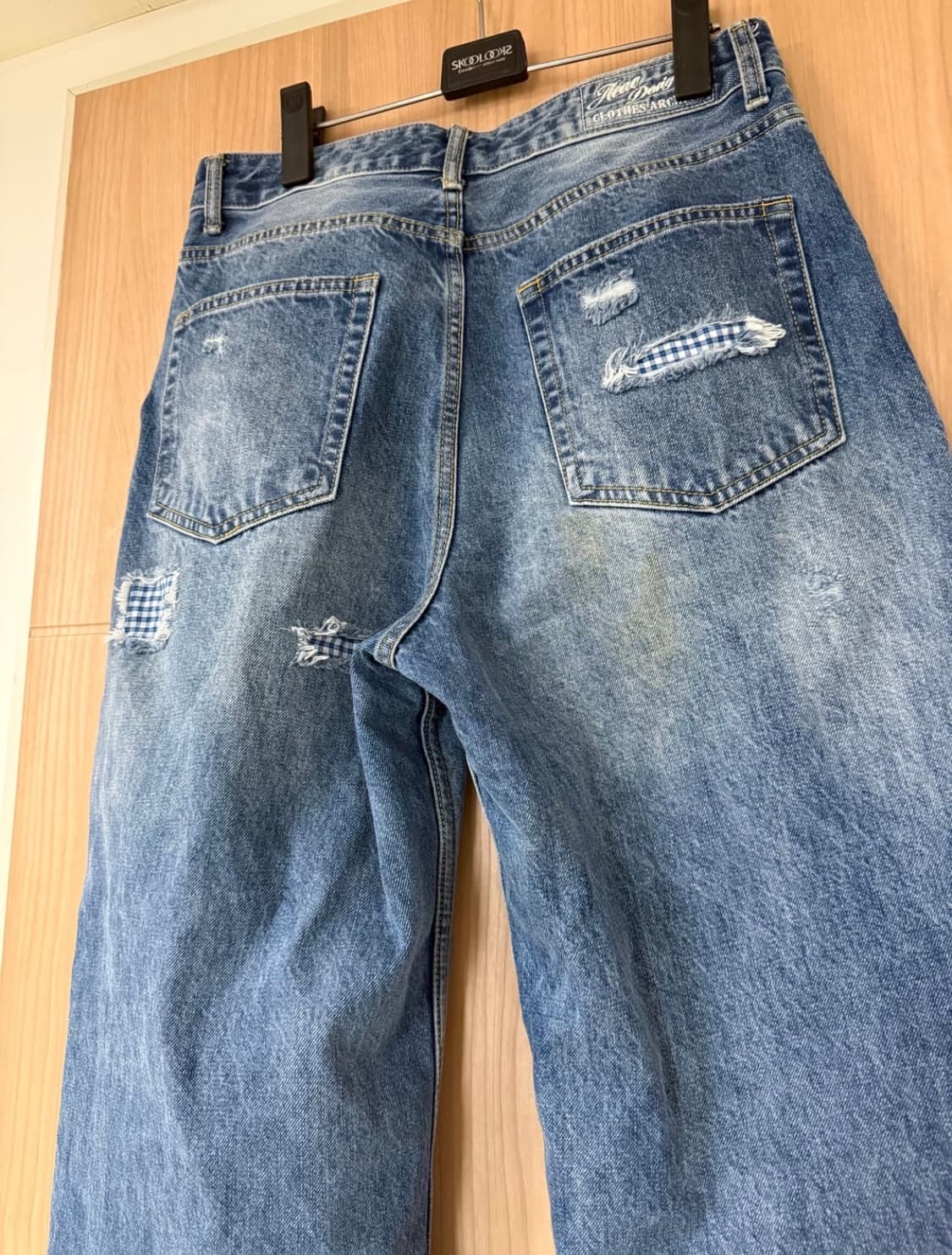 에이이에이이 체크 패치워크 데님 팬츠 미드 블루 상품이미지2