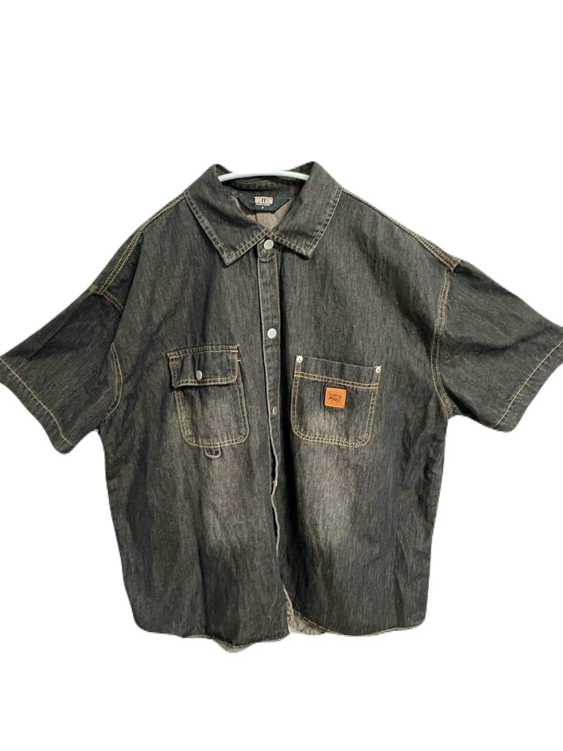 트릴리온 데님 반팔 셔츠, 레더 패치 데님 셔츠 상품이미지2