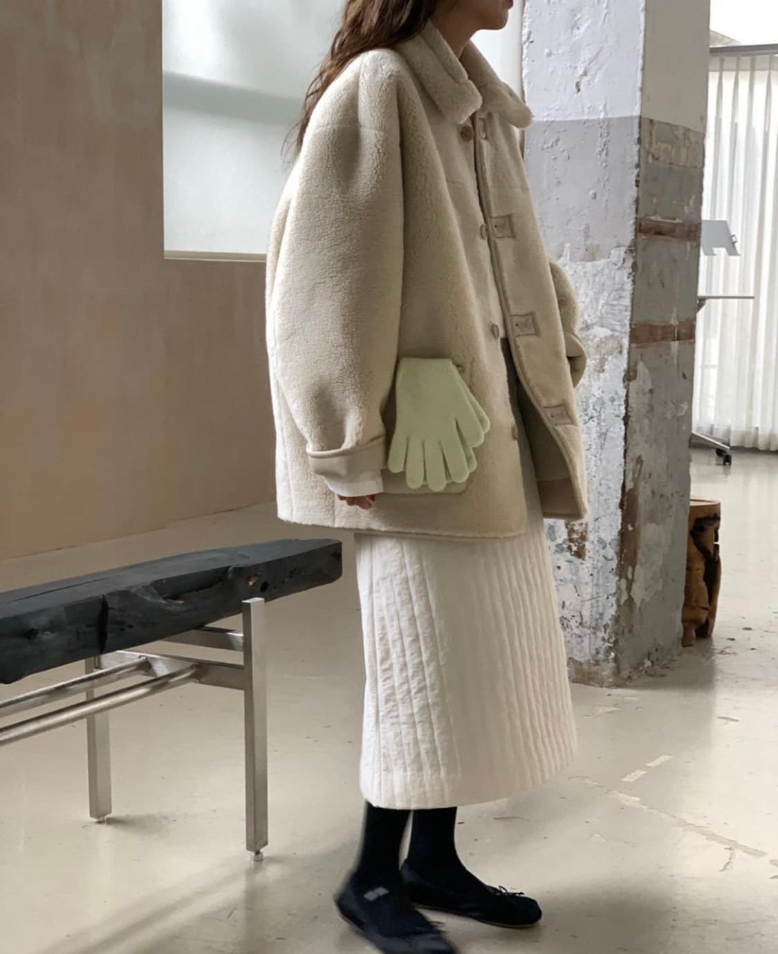 브런치 패딩 퀄팅 롱 스커트 아이보리 S 상품이미지2