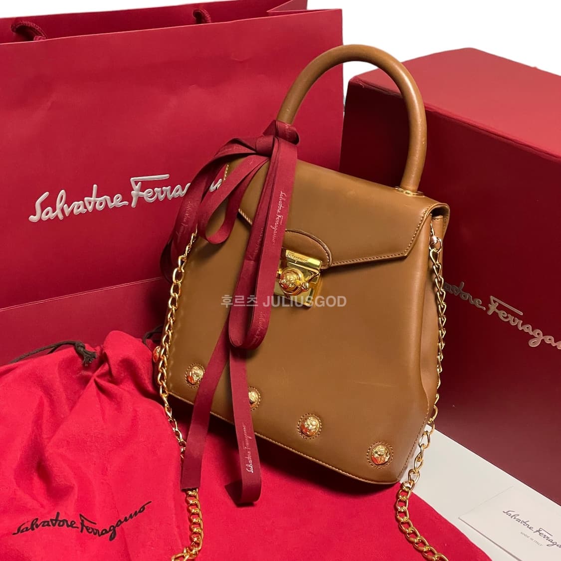 [정품/OS] Ferragamo 페라가모 레더 토트백 체인 크로스백 상품이미지2