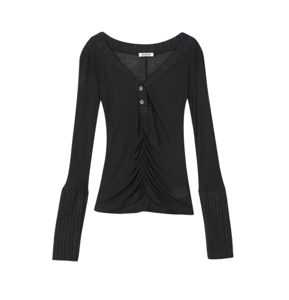 비데블BEDEVIL 시보리 배색 니트 티 블랙 상품이미지1