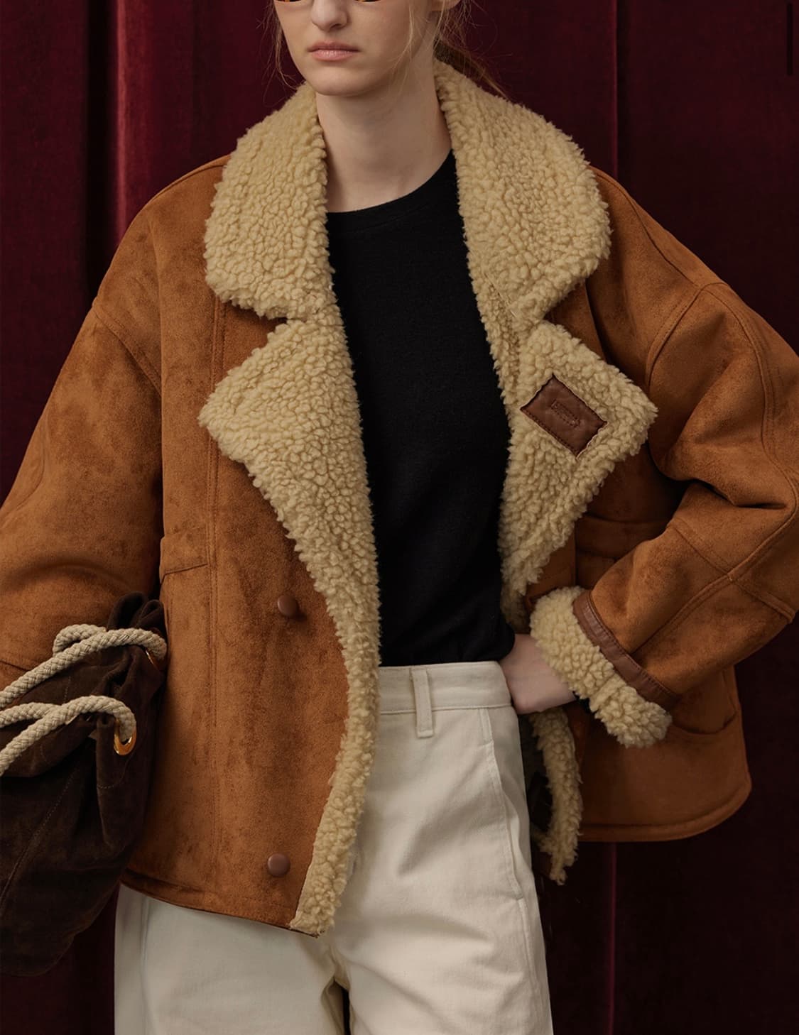 퀸스래빗 셔링하프코트 무스탕 카키브라운 상품이미지1