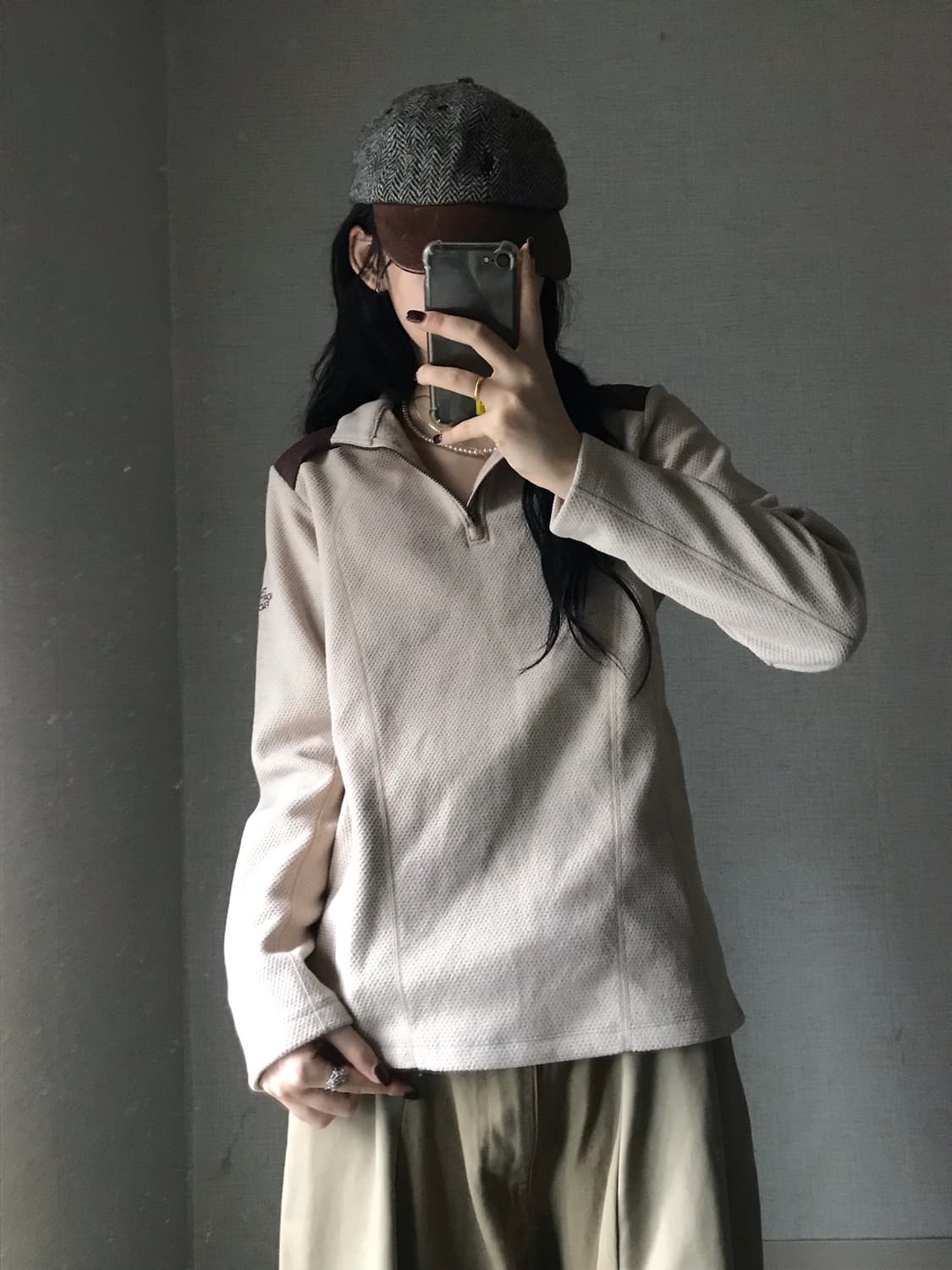 노페 베이지 후리스 반집업 상품이미지1