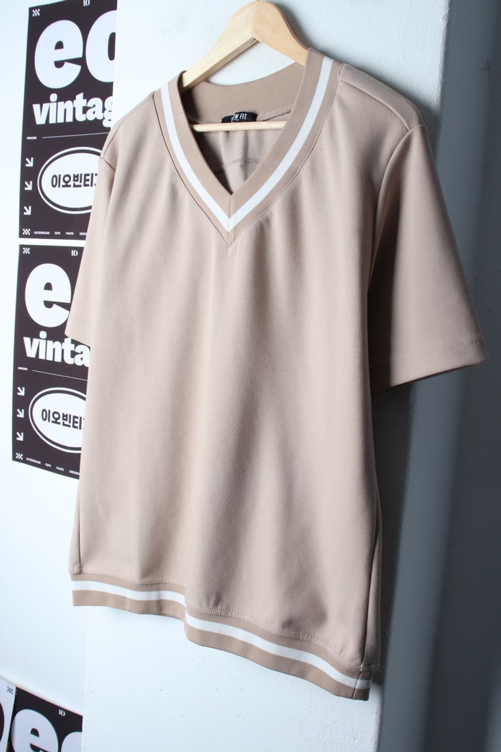 (L-XL) 드로우핏 반팔 티셔츠 브이넥 베이지 폴리 캐주얼-H32862 상품이미지1