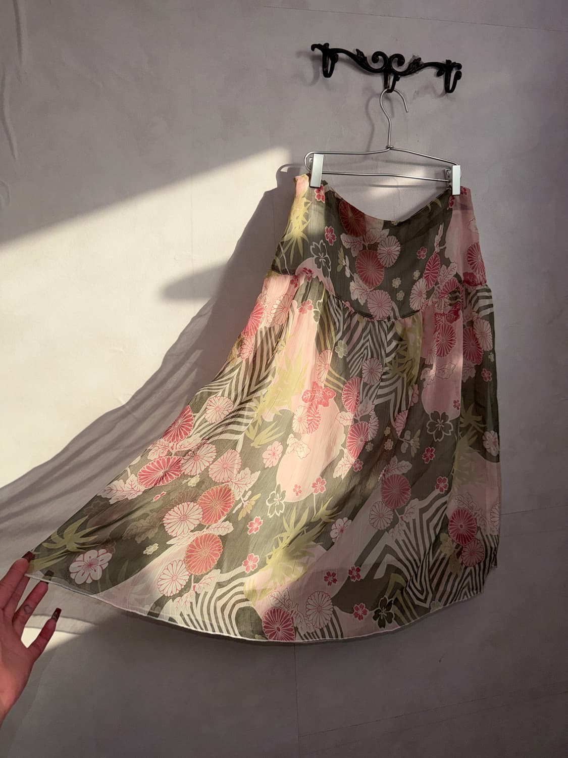 Pink khaki oriental floral flare skirt 상품이미지3