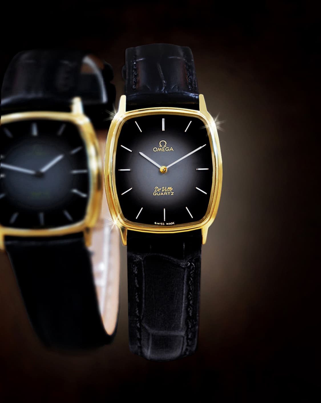 오메가 드빌 블랙 투톤 다이얼 남녀공용 쿼츠 가죽 시계 상품이미지1