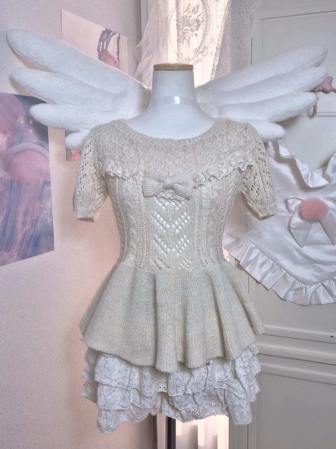 리즈리사 리본 레이스 코리락쿠마 달천깔 반팔 니트 라떼갸루 히메갸루 상품이미지1