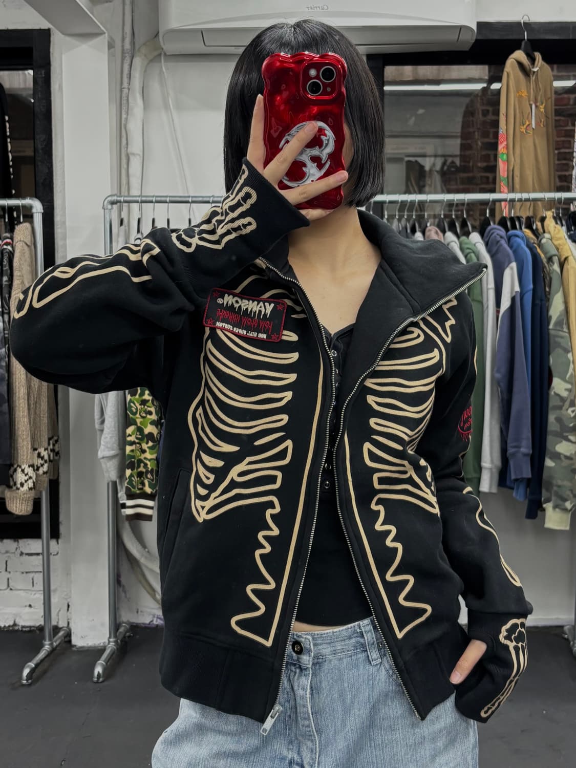 밴슨 레더 X 로우블로우너클 하이넥 스컬 집업 상품이미지1