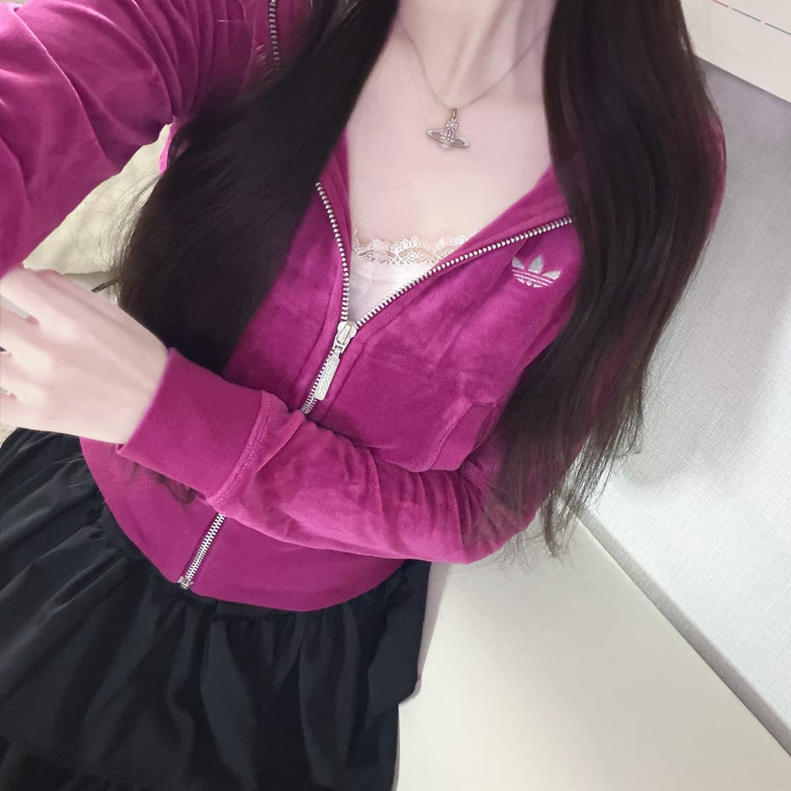 아디다스 벨벳 벨루아 와인 퍼플 핑크 슬림핏 후드집업 85 상품이미지2