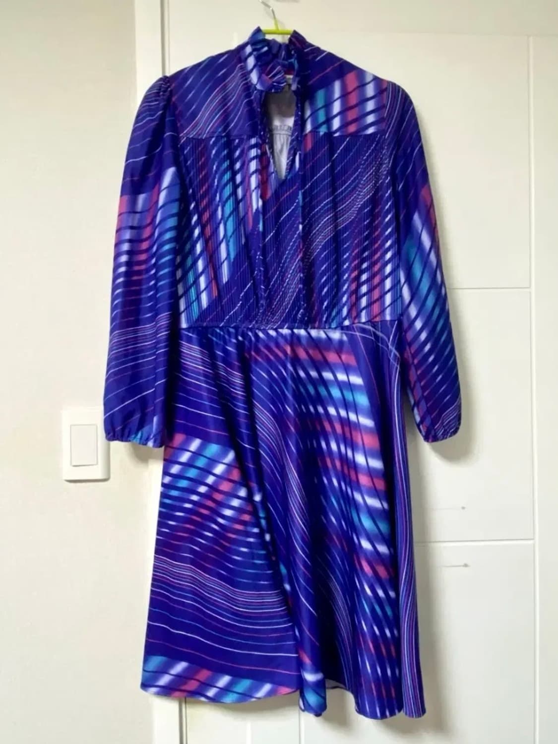 레트로 빈티지 프릴카라 리본 미디 블루 원피스 80년대 디스코 풍 상품이미지1