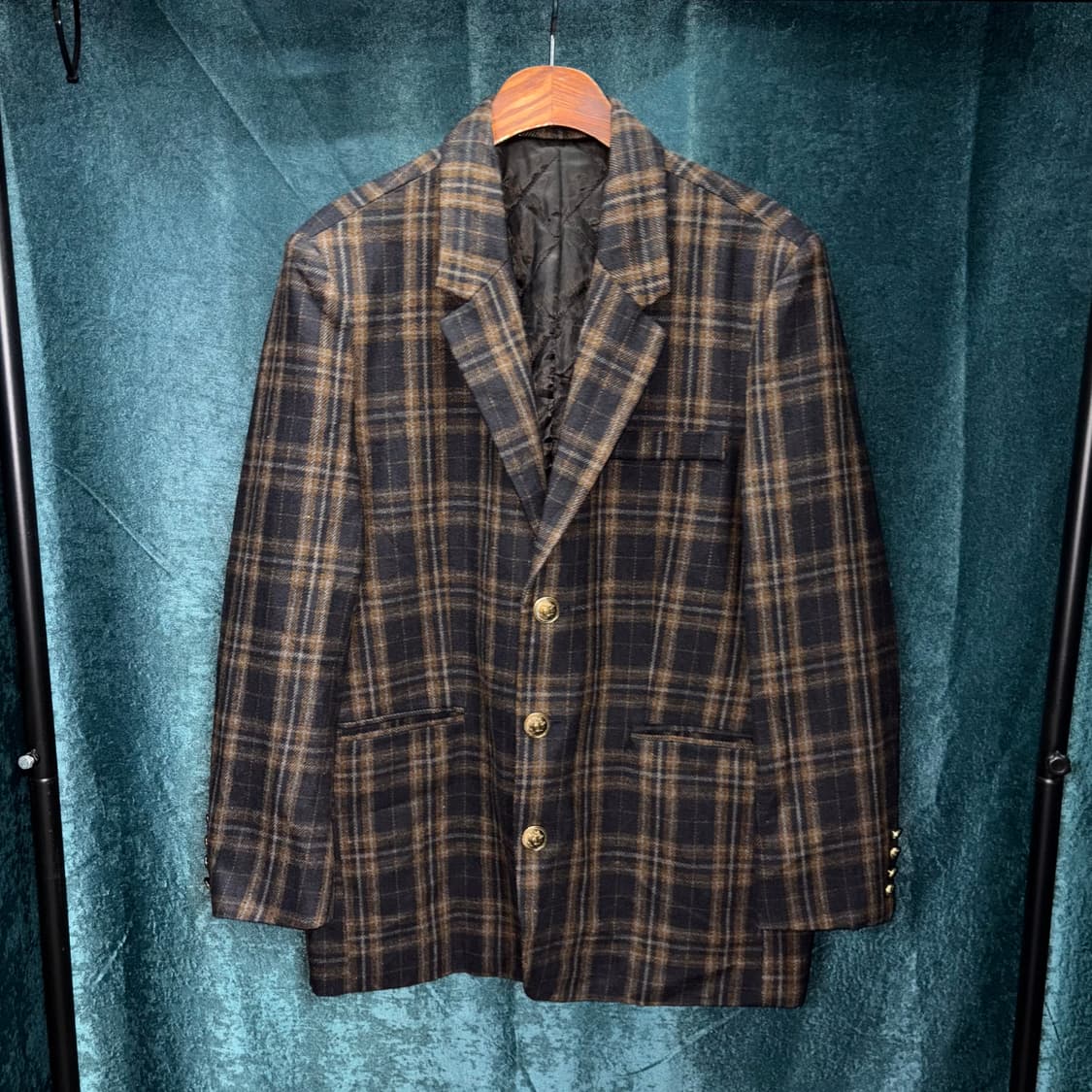 (L) 빈티지 체크 패턴 금장 울 블레이저 자켓 상품이미지1