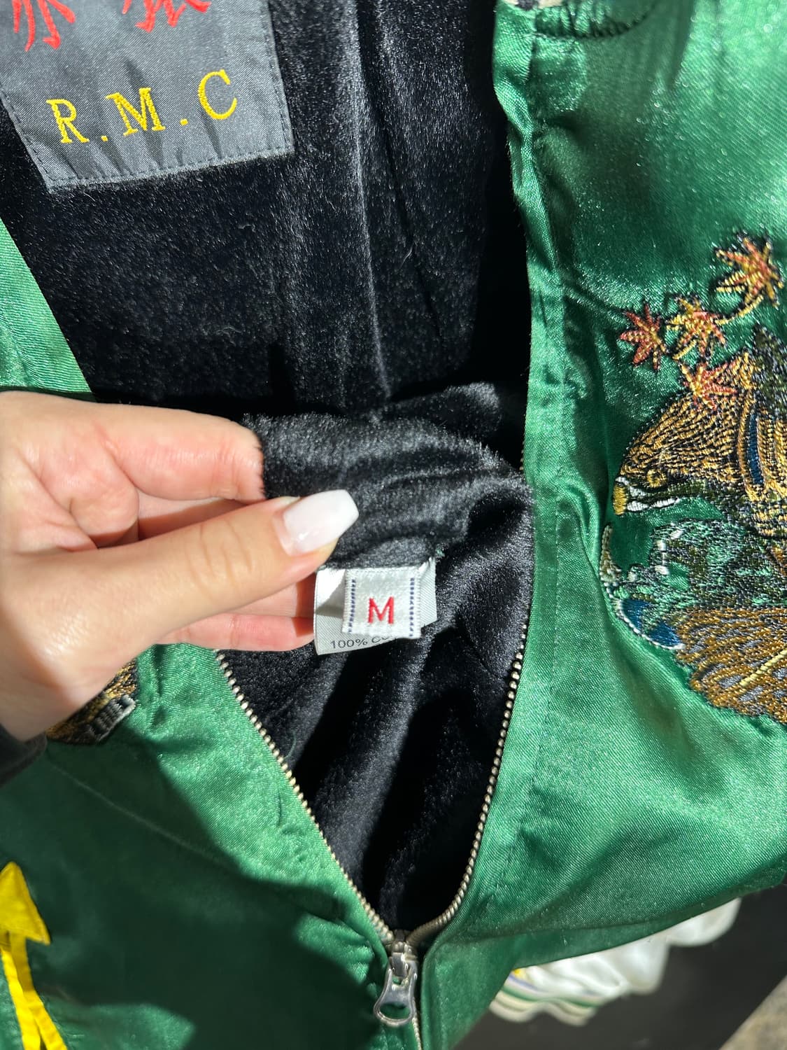 일본빈티지 R.M.C 초록 게이샤 자수 스카잔 M 상품이미지9