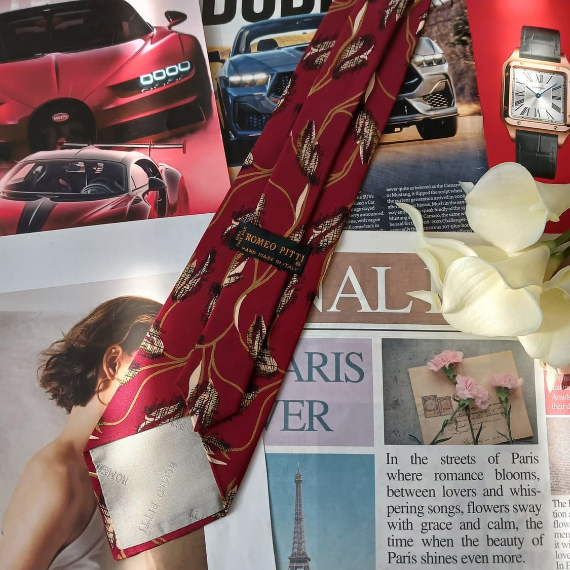 로메오 피티 실크 버건디 리프 패턴 넥타이 9.3cm A등급 A18936 상품이미지3