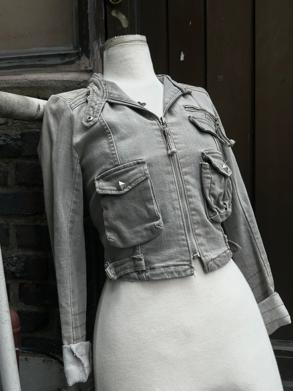 2000s vtg Y2K 스톤 워싱 그레이 크롭 데님자켓 상품이미지1