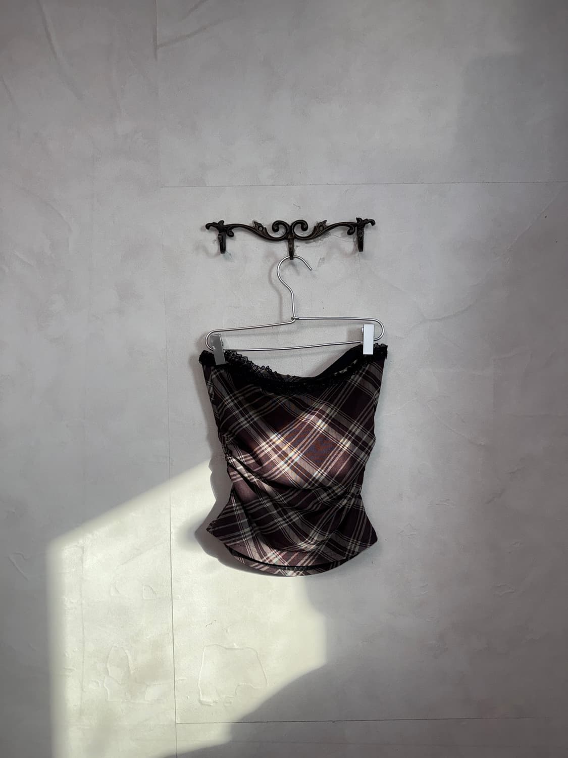 Brown check shirring tube top sleeveless 상품이미지5