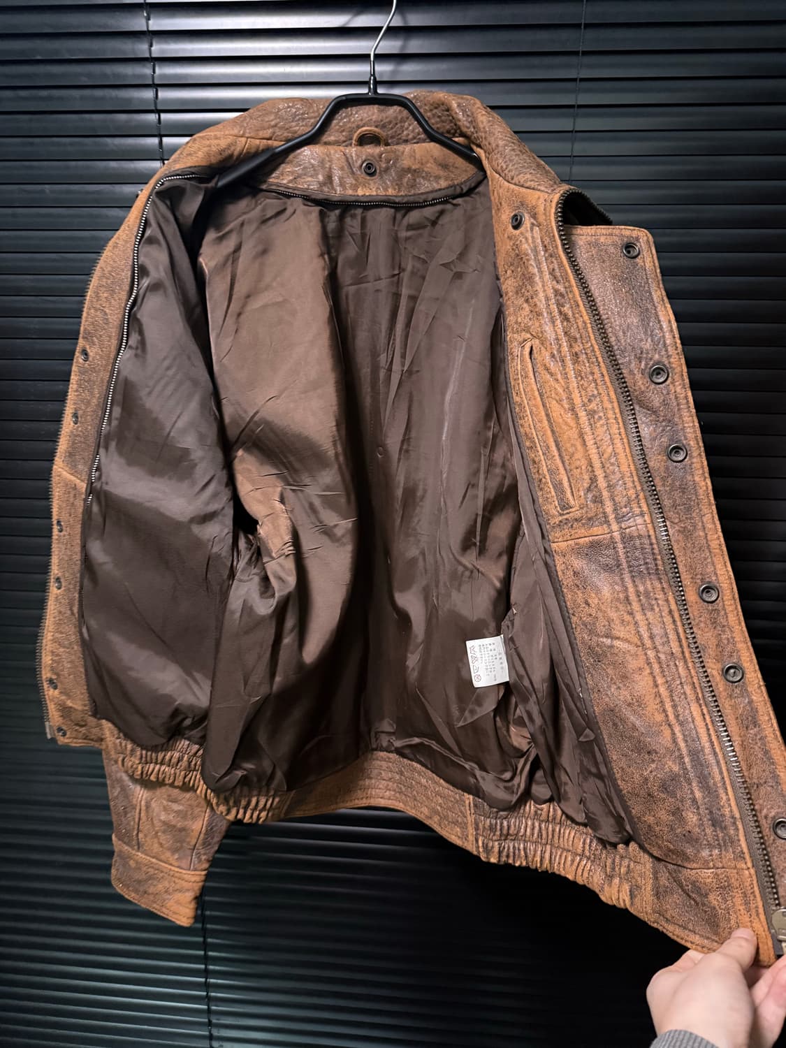 SK 레더 가죽 양가죽 카멜 브라운 빈티지 블루종 봄버 점퍼 하이넥 집업 상품이미지8