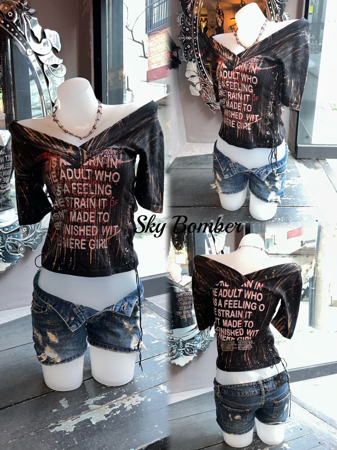 SKY BOMBER 스카이봄버 아일렛 레터링 프린팅 반팔티 y2k펑크갸루 상품이미지2