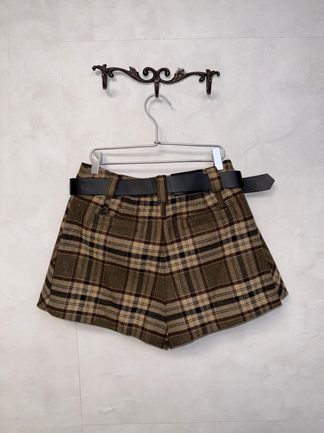 Brown check belted pleats skirt pants  상품이미지3