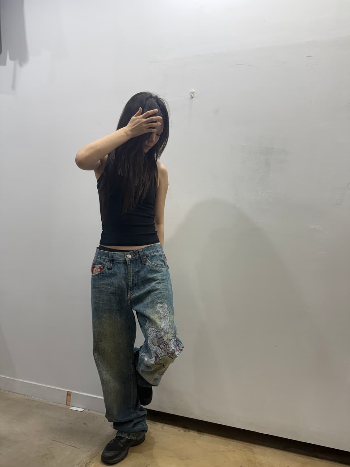 오리엔탈 자수 디테일 와이드 데님 팬츠 상품이미지2