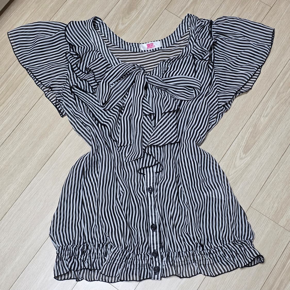 일본빈티지)하구미모리걸 스트라이프 셔링리본 로맨틱 공겜여주st 블라우스 상품이미지1