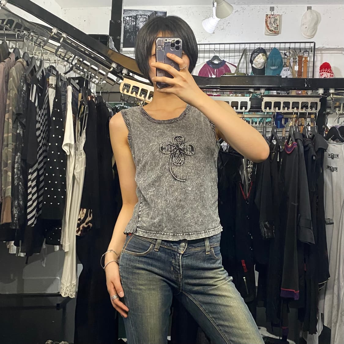 Japanese vtg 클로버 큐빅 디테일 워싱 슬리브리스 상품이미지8